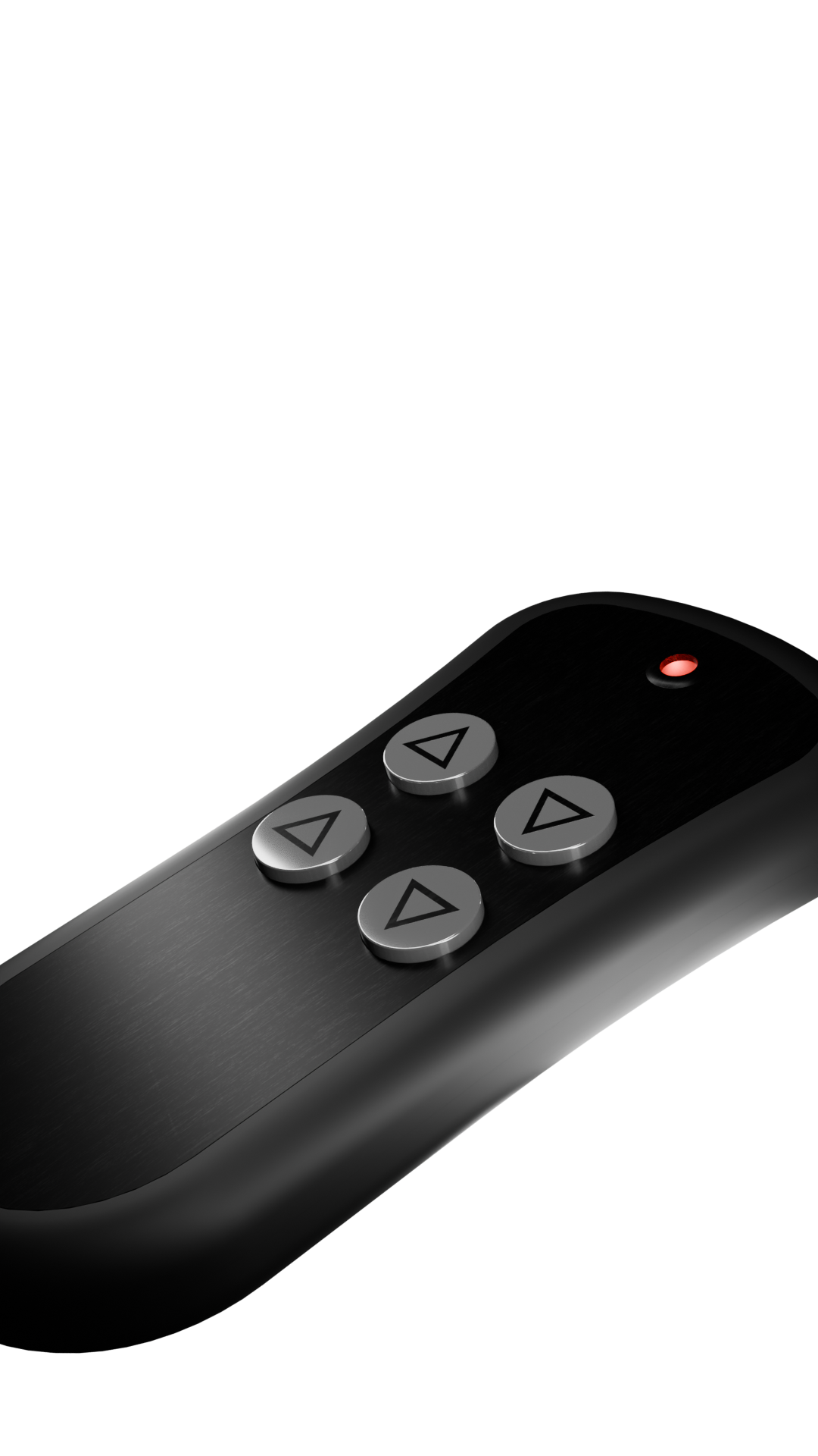 Telecomando nero con quattro pulsanti in metallo e un led rosso.