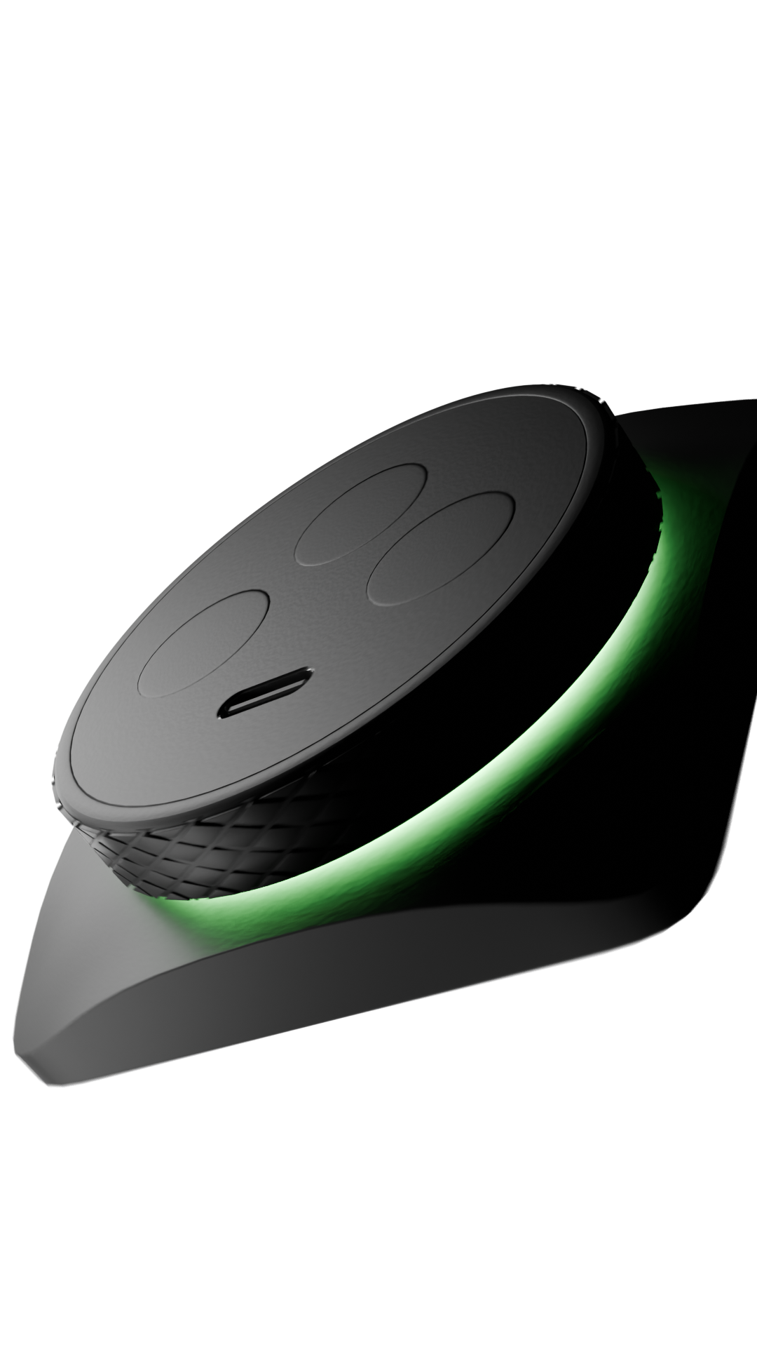 assistente vocale a forma di cerchio con luci verdi, tipo speaker intelligente