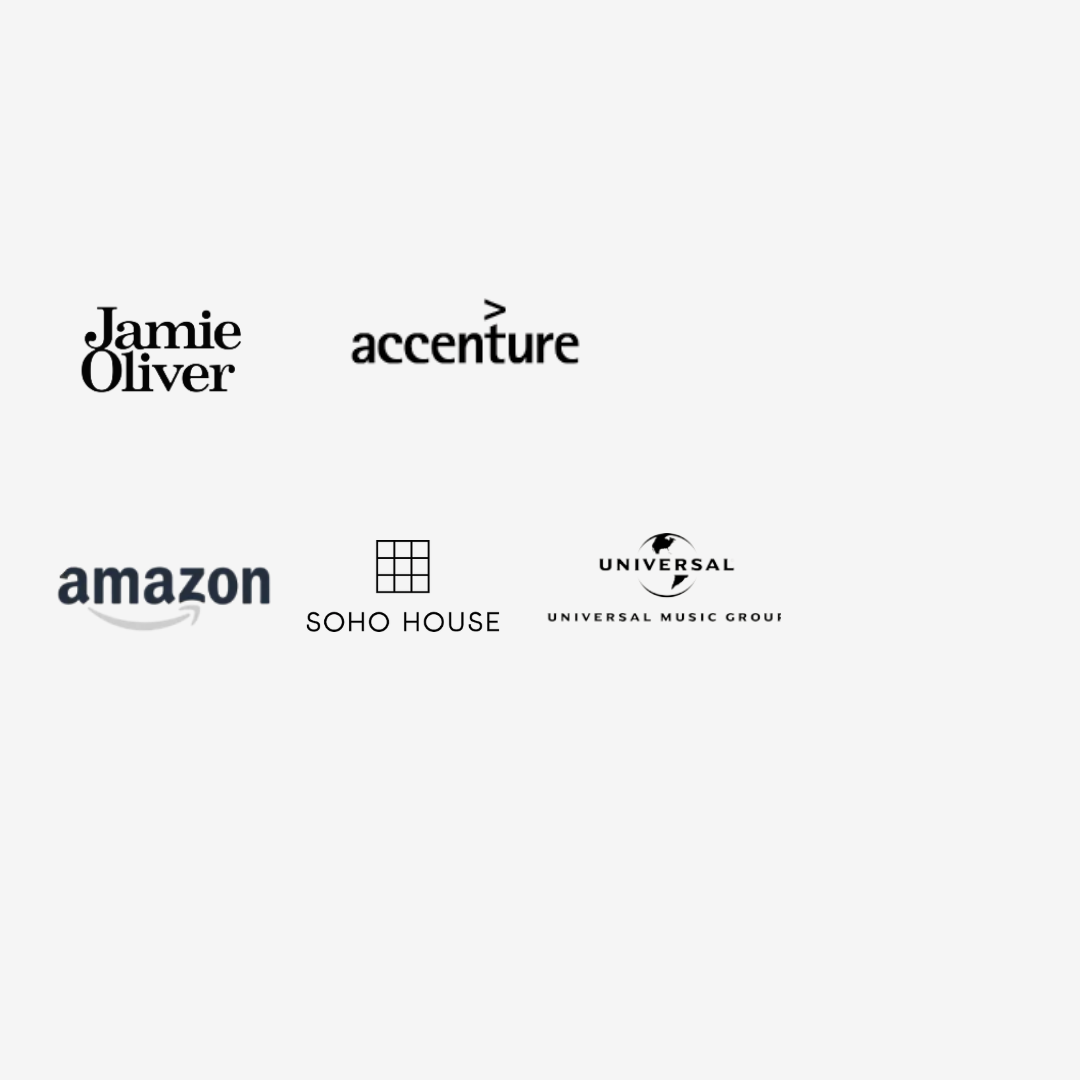 Logos of Jamie Oliver, Accenture, Amazon, Soho House, Universal, and Universal Music Group.