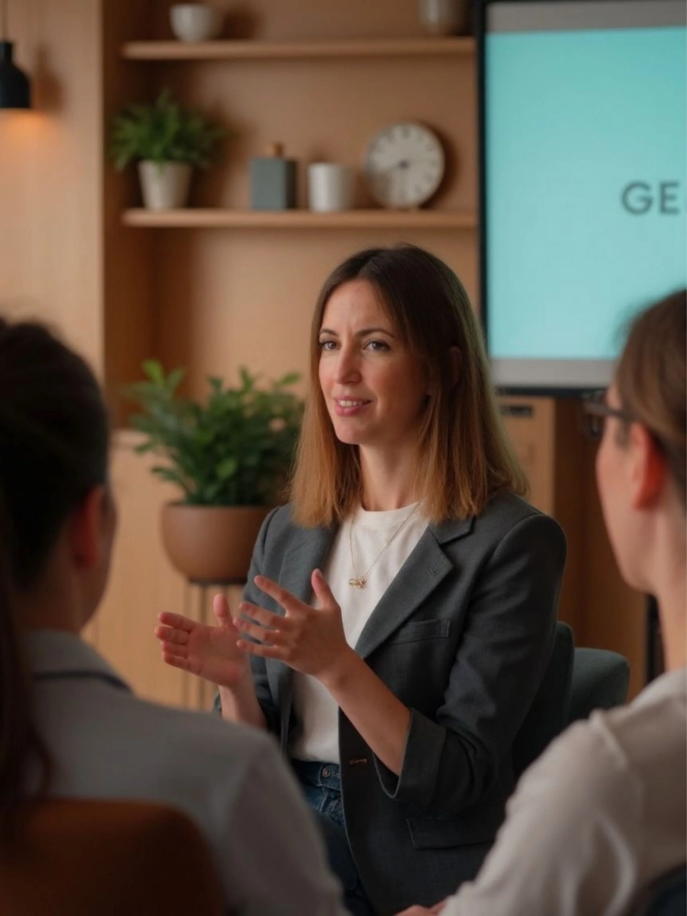 Sally Lovett speaking into a microphone during a panel discussion, with audience members listening in the foreground.