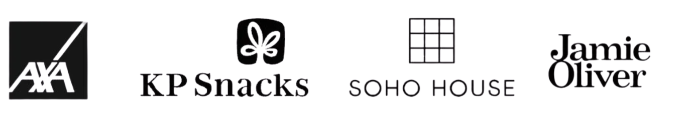 Logos of AXA, KP Snacks, Soho House, and Jamie Oliver arranged in a row.
