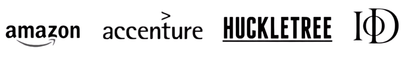 Logos of Amazon, Accenture, HuckleTree, and ID Group