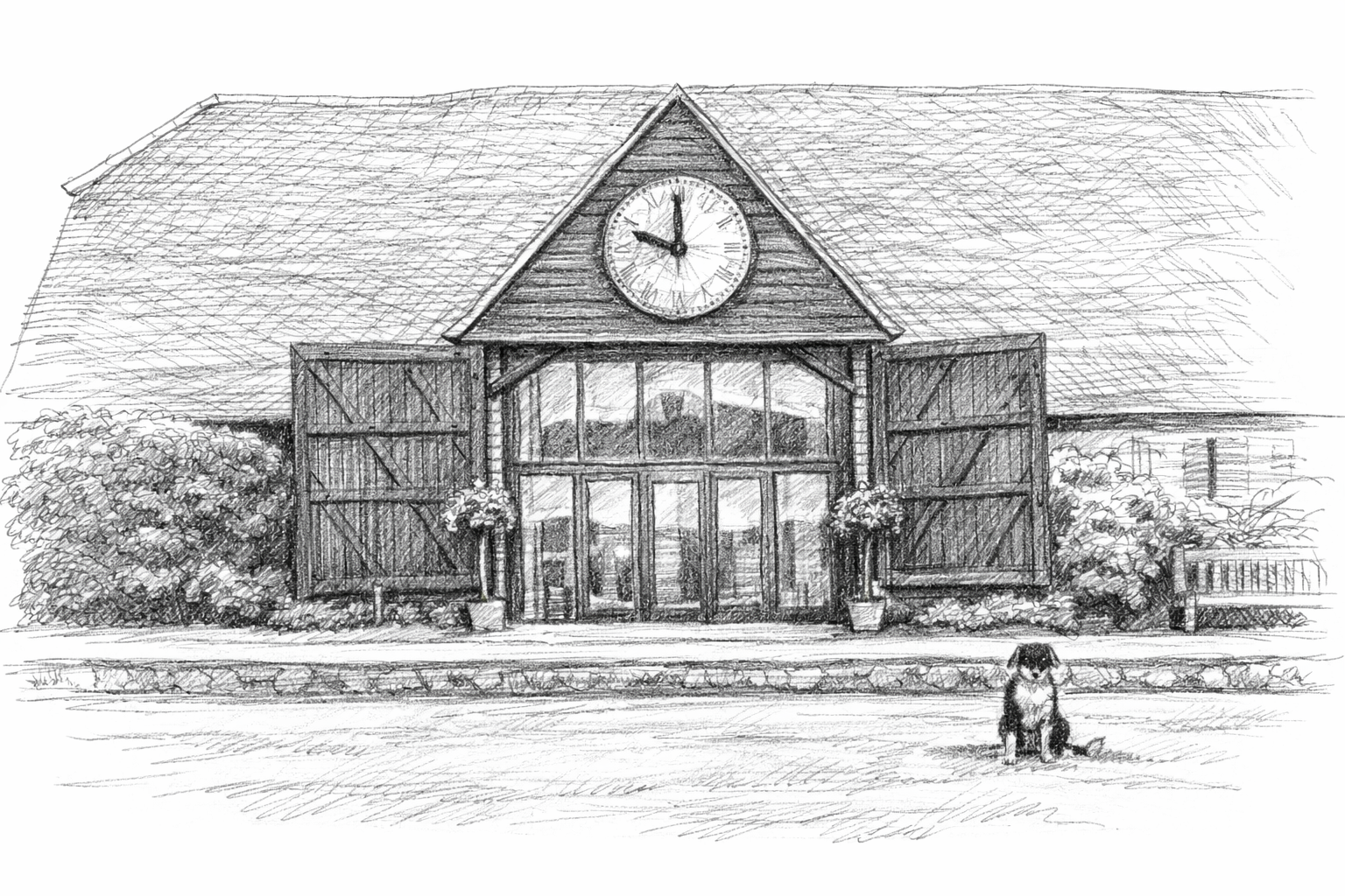 A sketch of a barn with open doors, a clock above the entrance showing 11:00, and a boy sitting on the ground in front of it, with shrubs on either side of the barn.