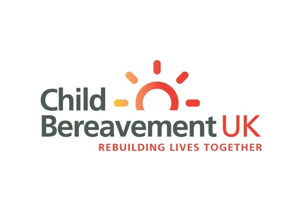 Child Bereavement UK logo with a red and orange sun symbol, and the tagline 'Rebuilding Lives Together'.