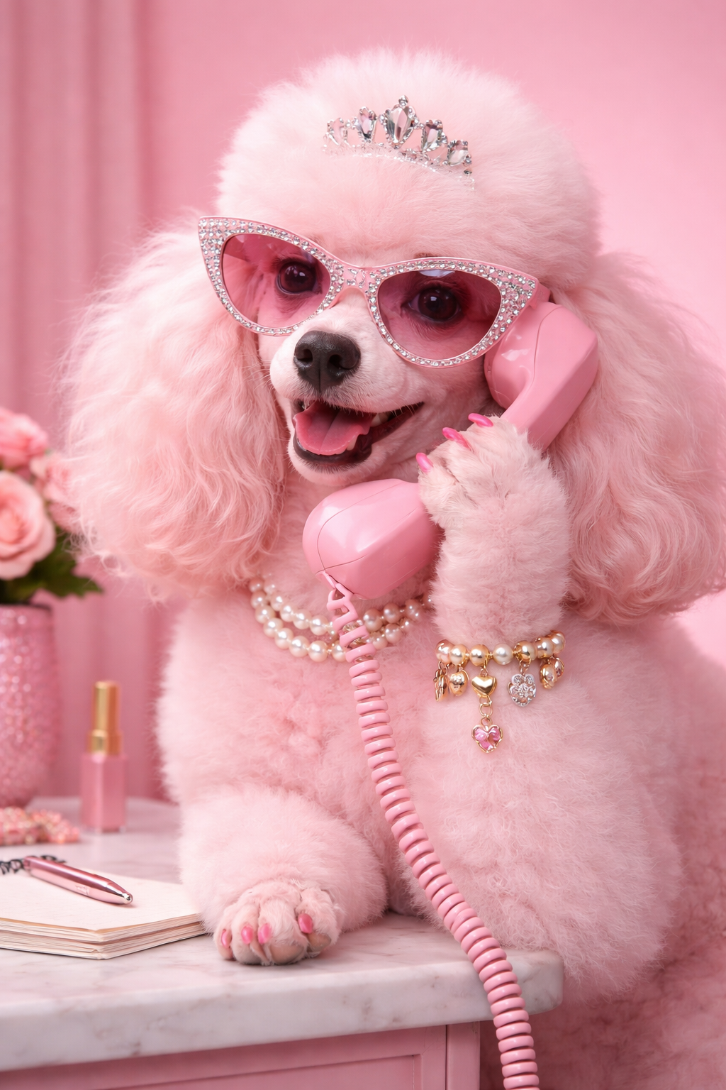 Un perro con pelaje rizado y color rosa, usando gafas de sol con brillo, una corona de joyas, y accesorios de perlas, sosteniendo un teléfono rosa en la oreja en un entorno de color rosa.