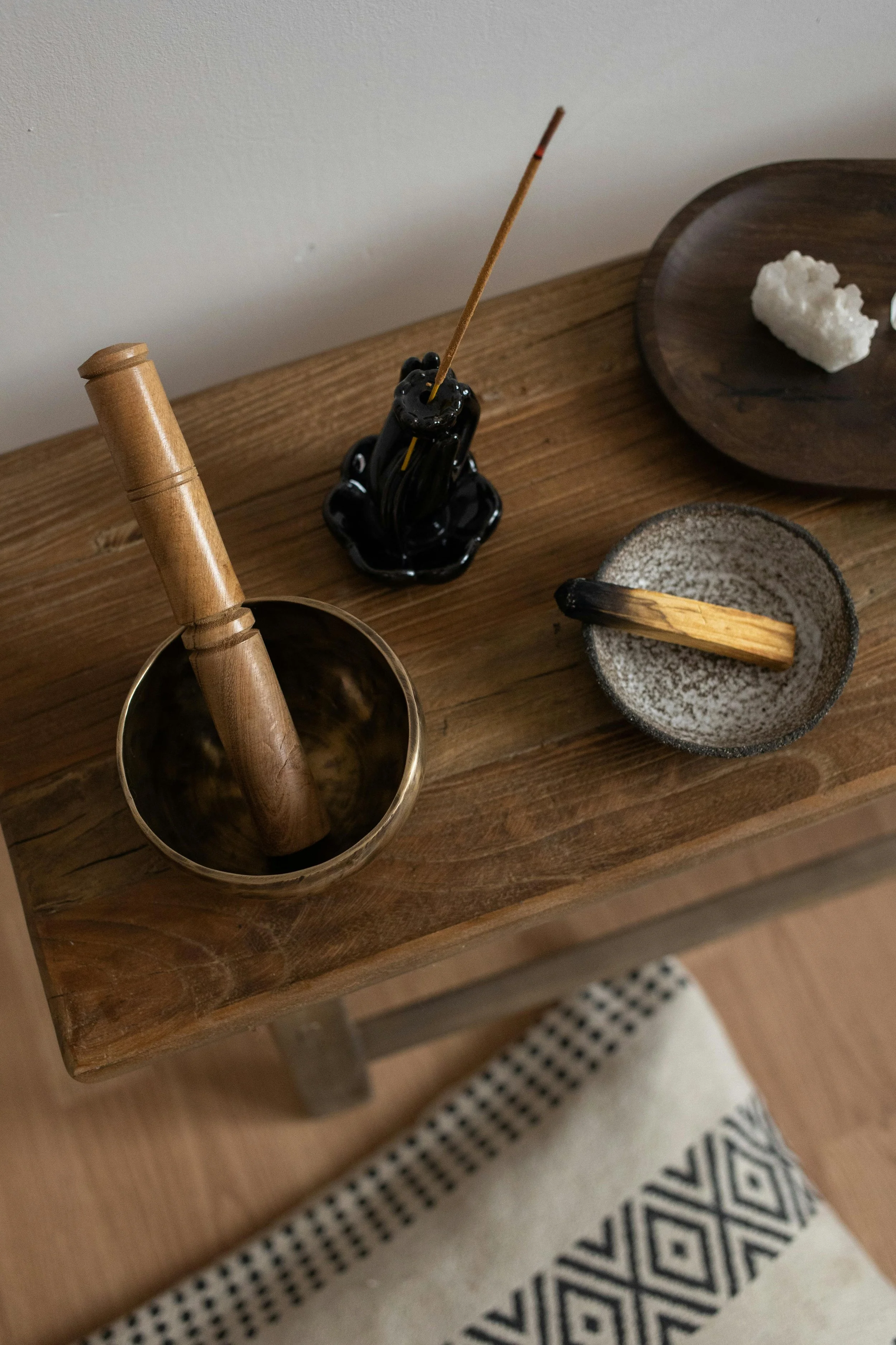 singing bowl, palo santo, incense