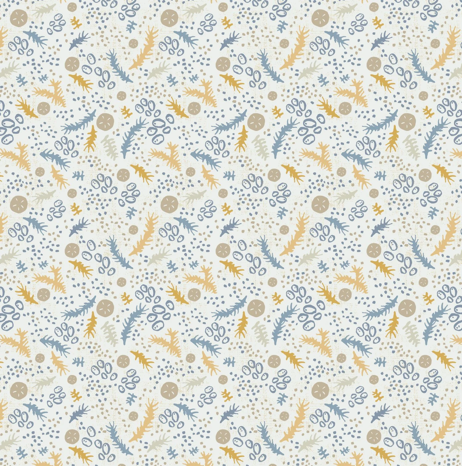 A seamless pattern of abstract botanical shapes, including leaves and small circles, in shades of blue, beige, and tan on a white background.