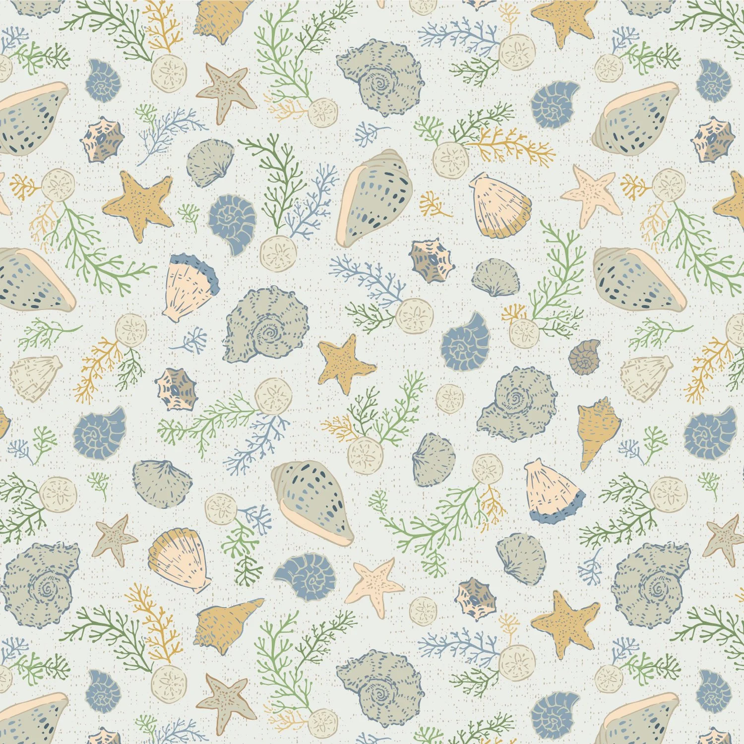 A seamless pattern featuring various seashells, starfish, and seaweed illustrations in pastel shades of beige, blue, green, and yellow on a textured off-white background.
