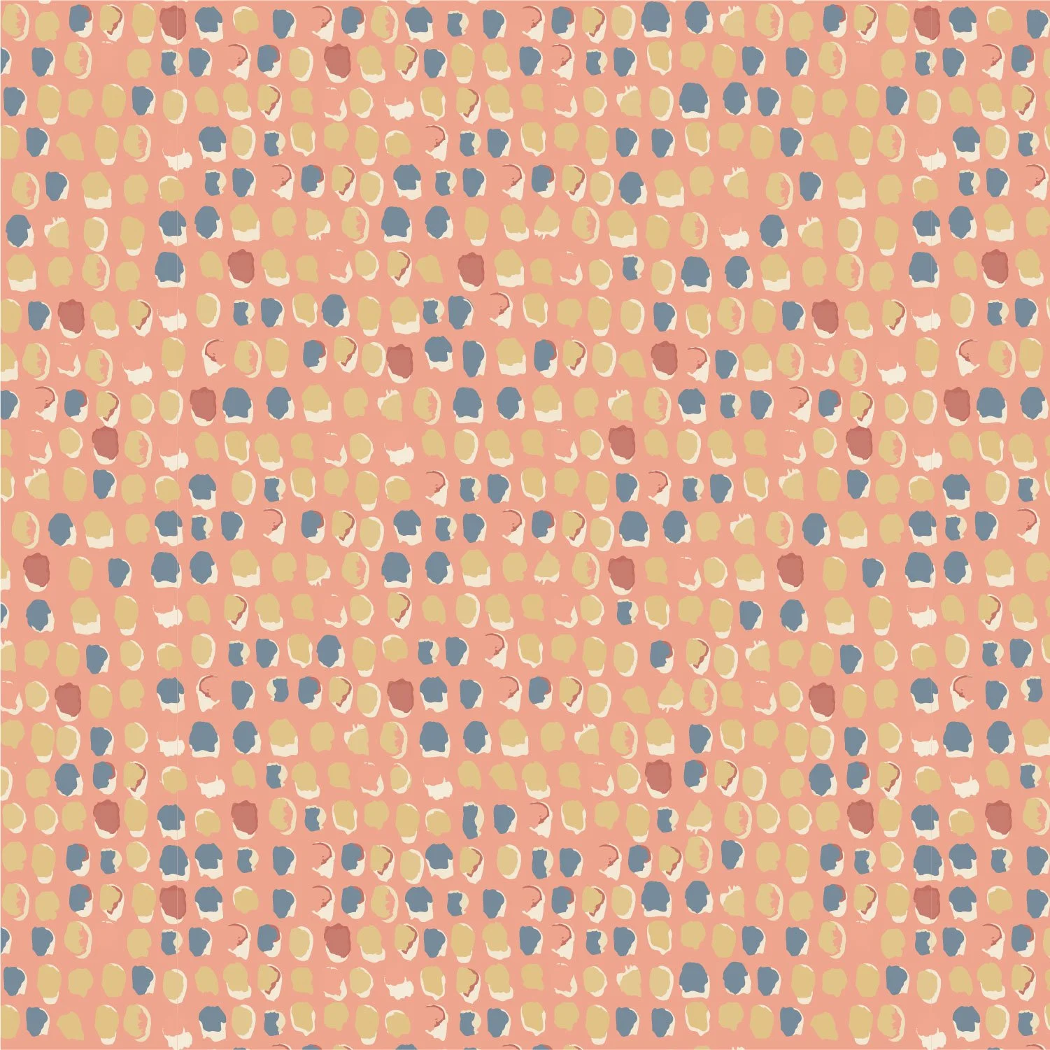 A colorful abstract pattern with irregular shapes in shades of pink, yellow, blue, white, and brown on a pink background.