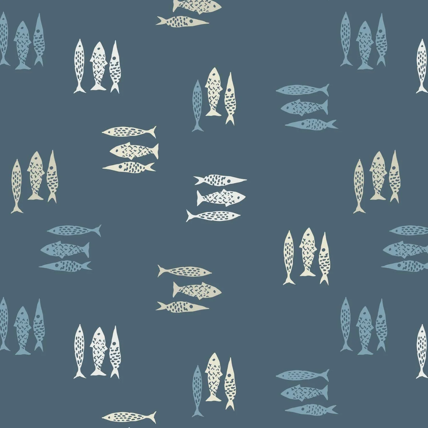 Pattern of stylized fish in shades of blue and gray on a dark background.