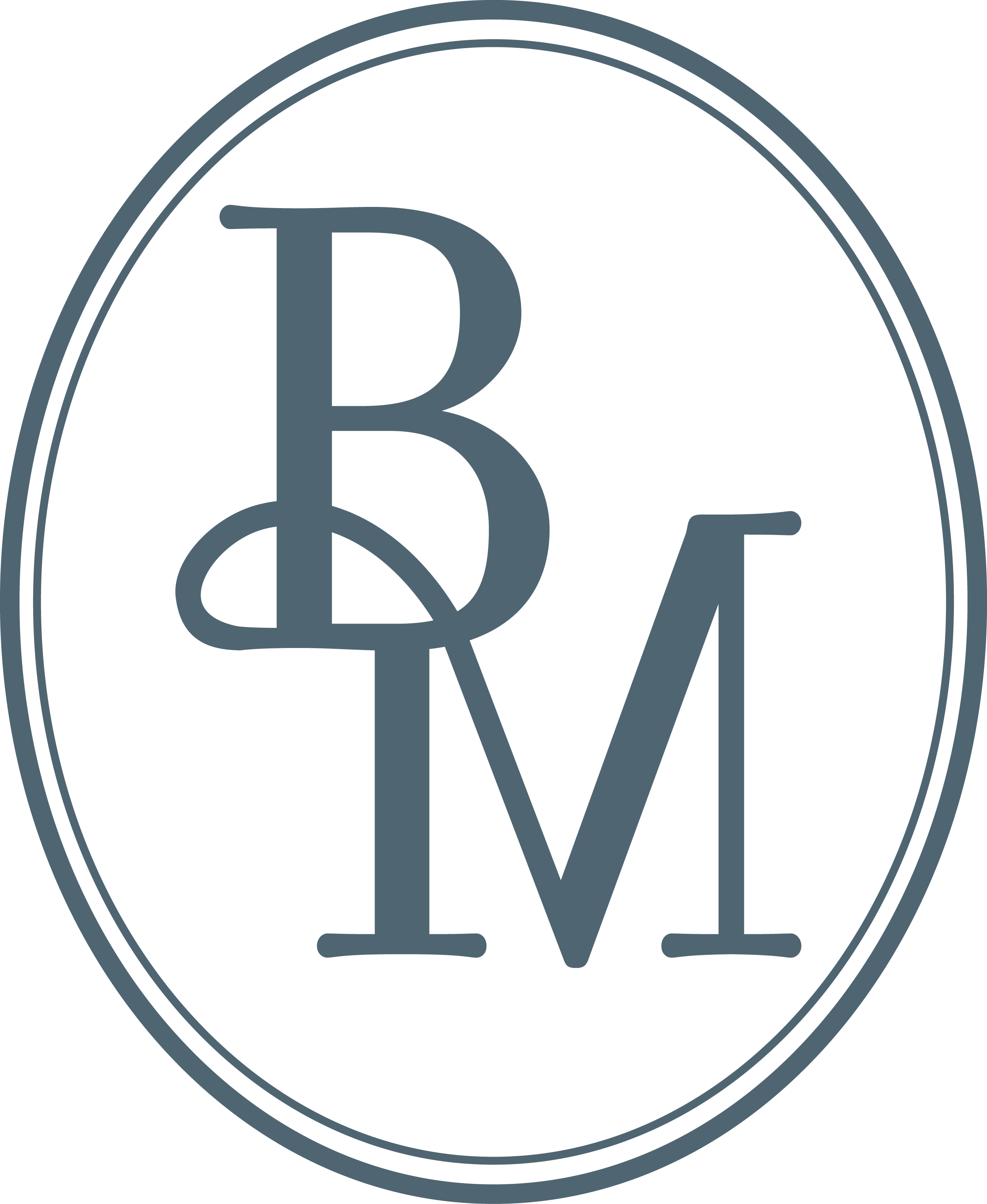 A black oval-shaped logo with the letters 'BRM' arranged vertically and interconnected, outlined with a thin border.
