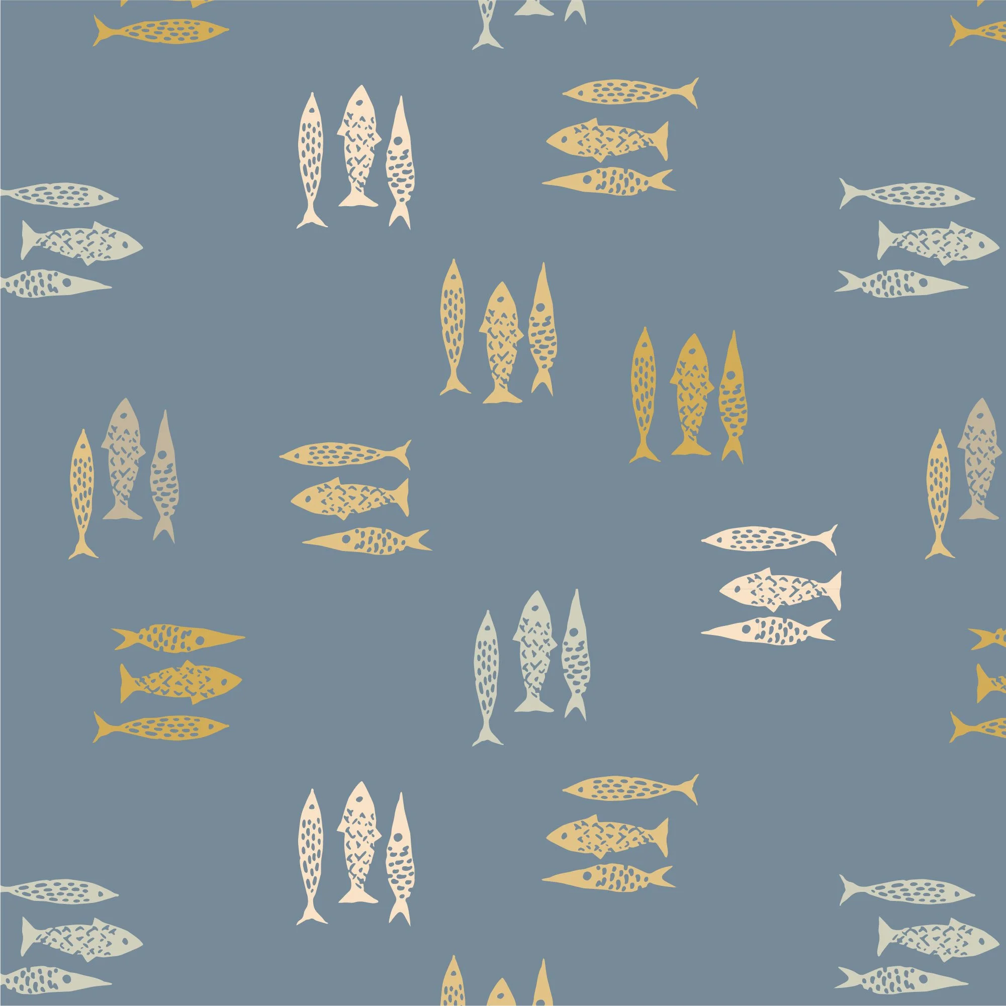 A seamless pattern of stylized fish in blue, mustard, beige, white, and light blue on a muted blue background.