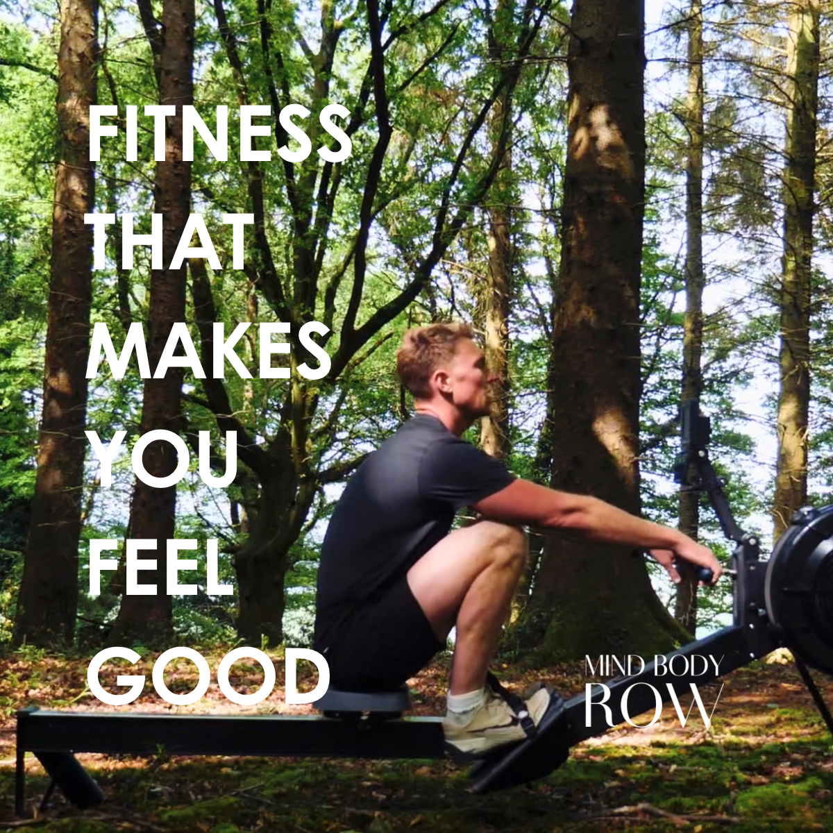 A man using a rowing machine outdoors in a forest setting with tall trees and green foliage, promoting fitness and feeling good.