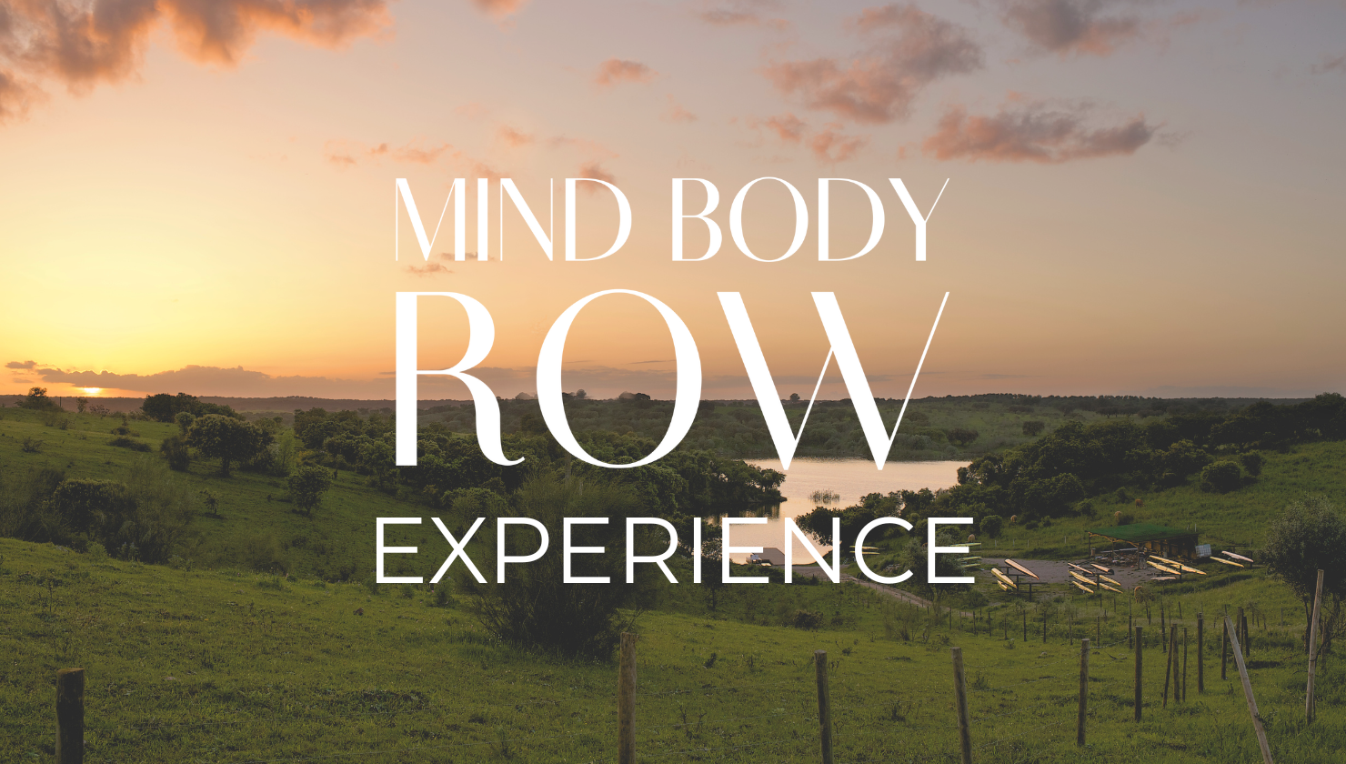 Sunset over a green landscape with a river, trees, and hills, with the text 'Mind Body Row Experience' overlayed.