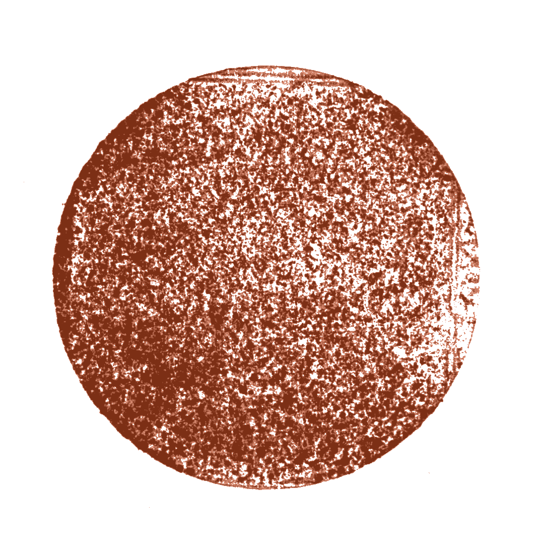 Et bilde av en rødbrun romersk sirkelformet gjenstand med en grov tekstur på svart bakgrunn. Kun dekorativt.