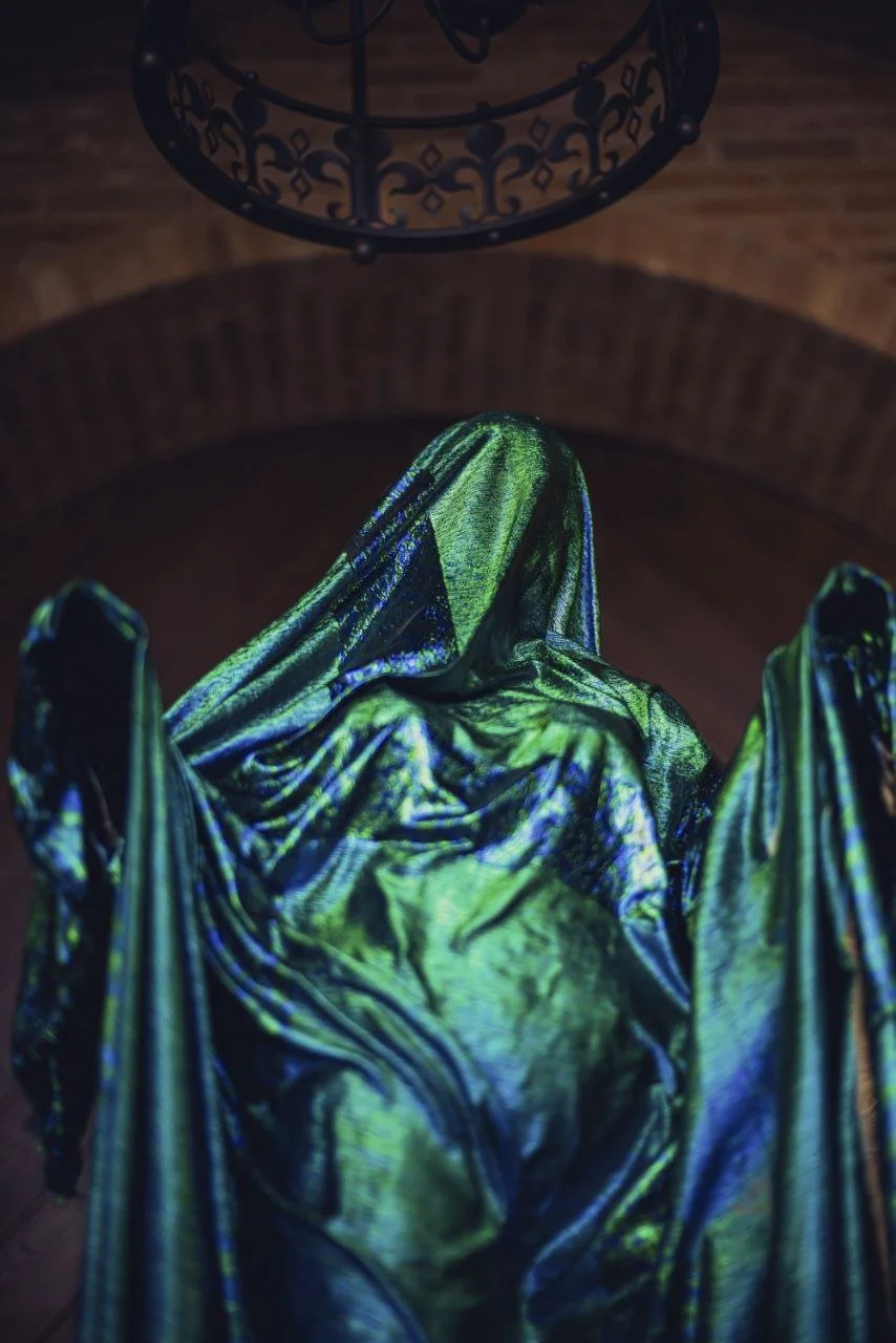 An iridescent green and blue fabric draped over a figure, with a wrought iron chandelier overhead and a wooden ceiling in the background.