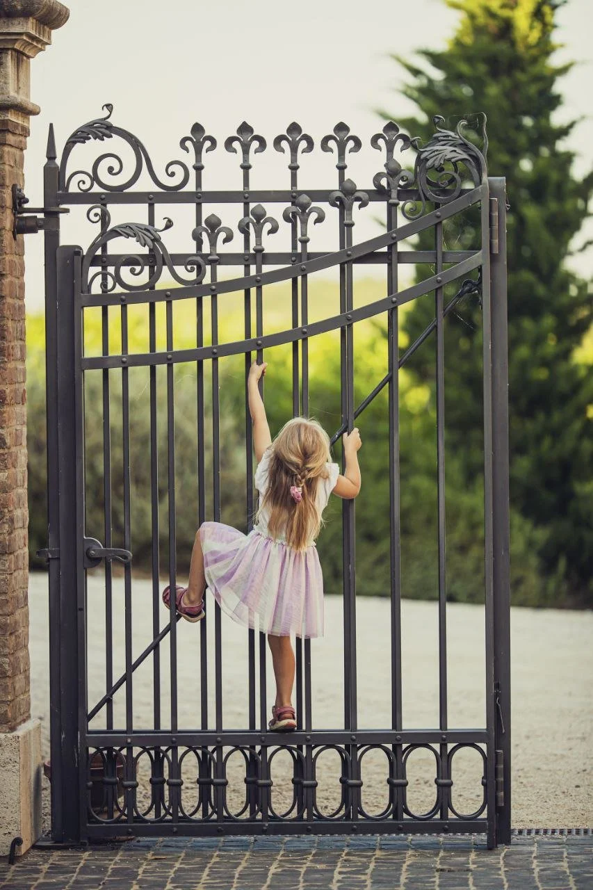 A young girl wearing a pink and white dress climbing a black wrought iron gate outdoors with a background of green trees.