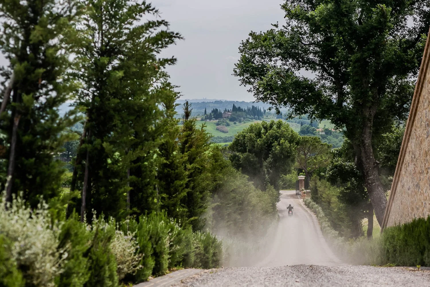 A dirt road in a rural area with a motorcycle traveling on it, surrounded by tall trees and greenery, with hills and buildings visible in the background under a cloudy sky.