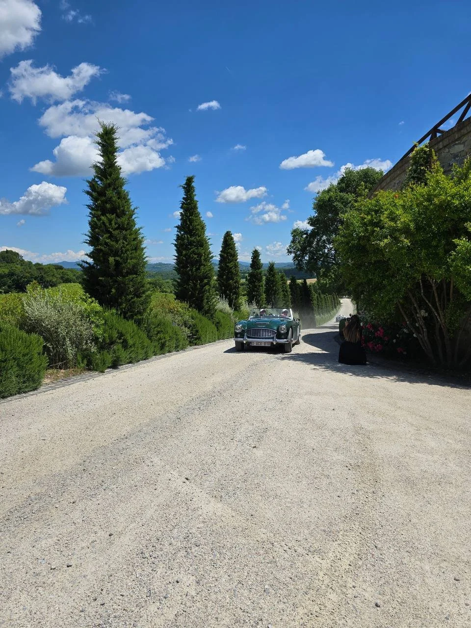 A vintage convertible car driving on a gravel road surrounded by tall green trees and bushes, with blue sky and white clouds overhead.