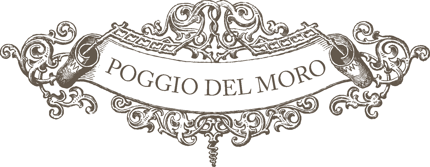 Ornate vintage-style label with scrollwork and a banner reading 'Poggio del Moro'.