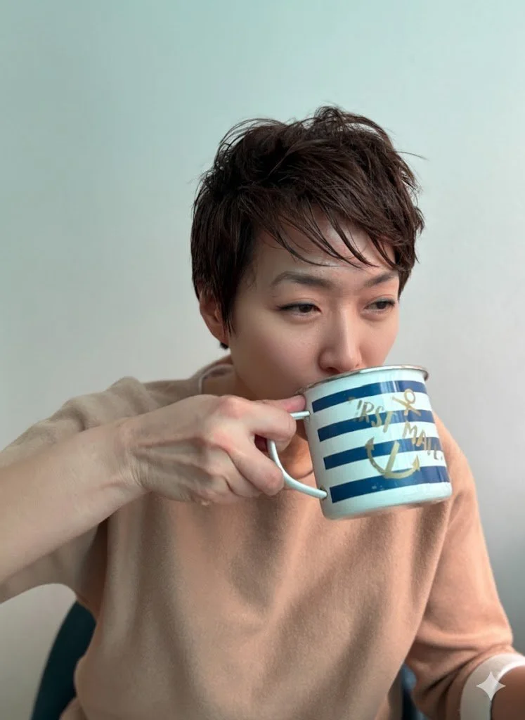 Person with short brown hair drinking from a blue and white striped mug with a gold anchor design.