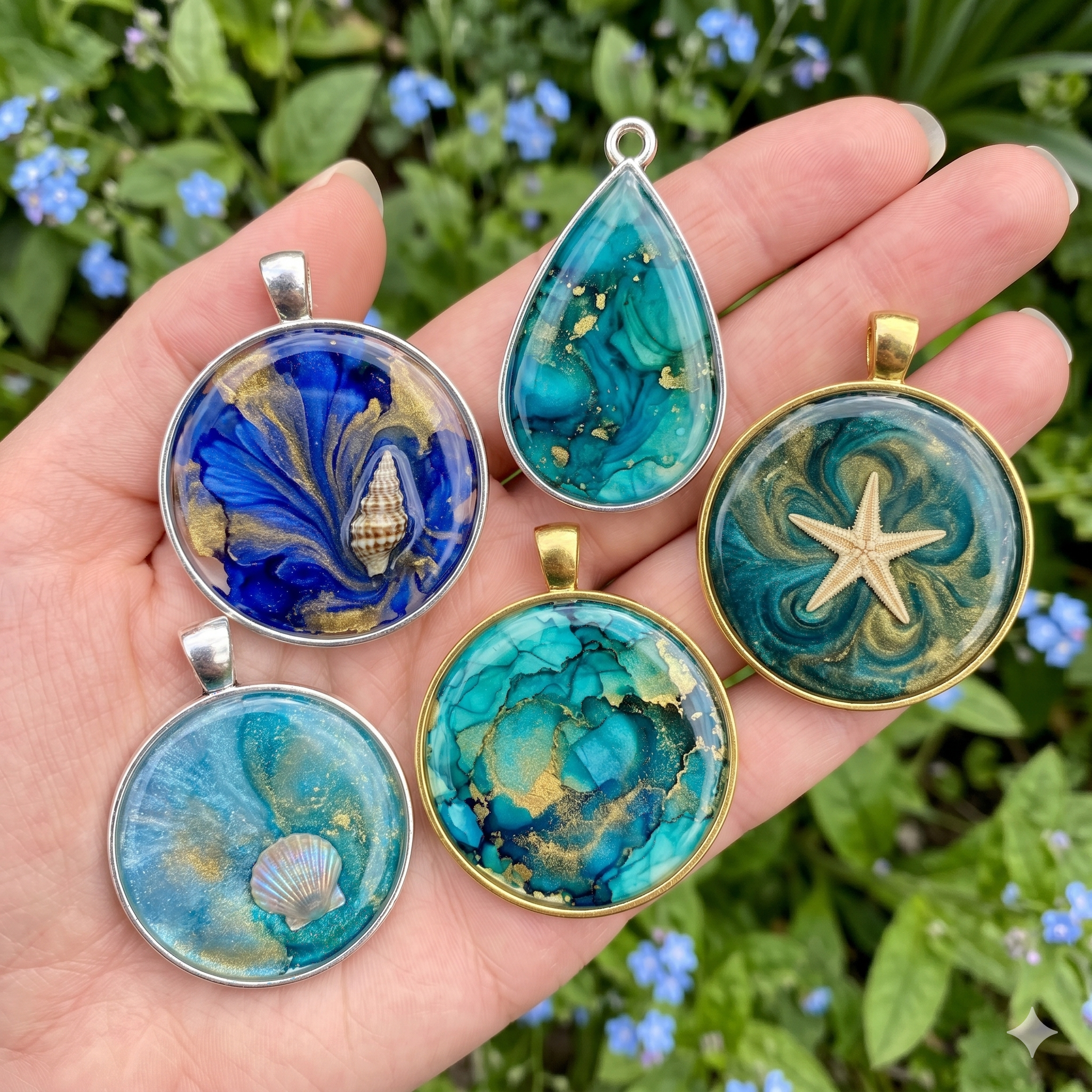 Close-up of a hand holding three colorful pendants with ocean and starfish designs, with blue forget-me-not flowers in the background.