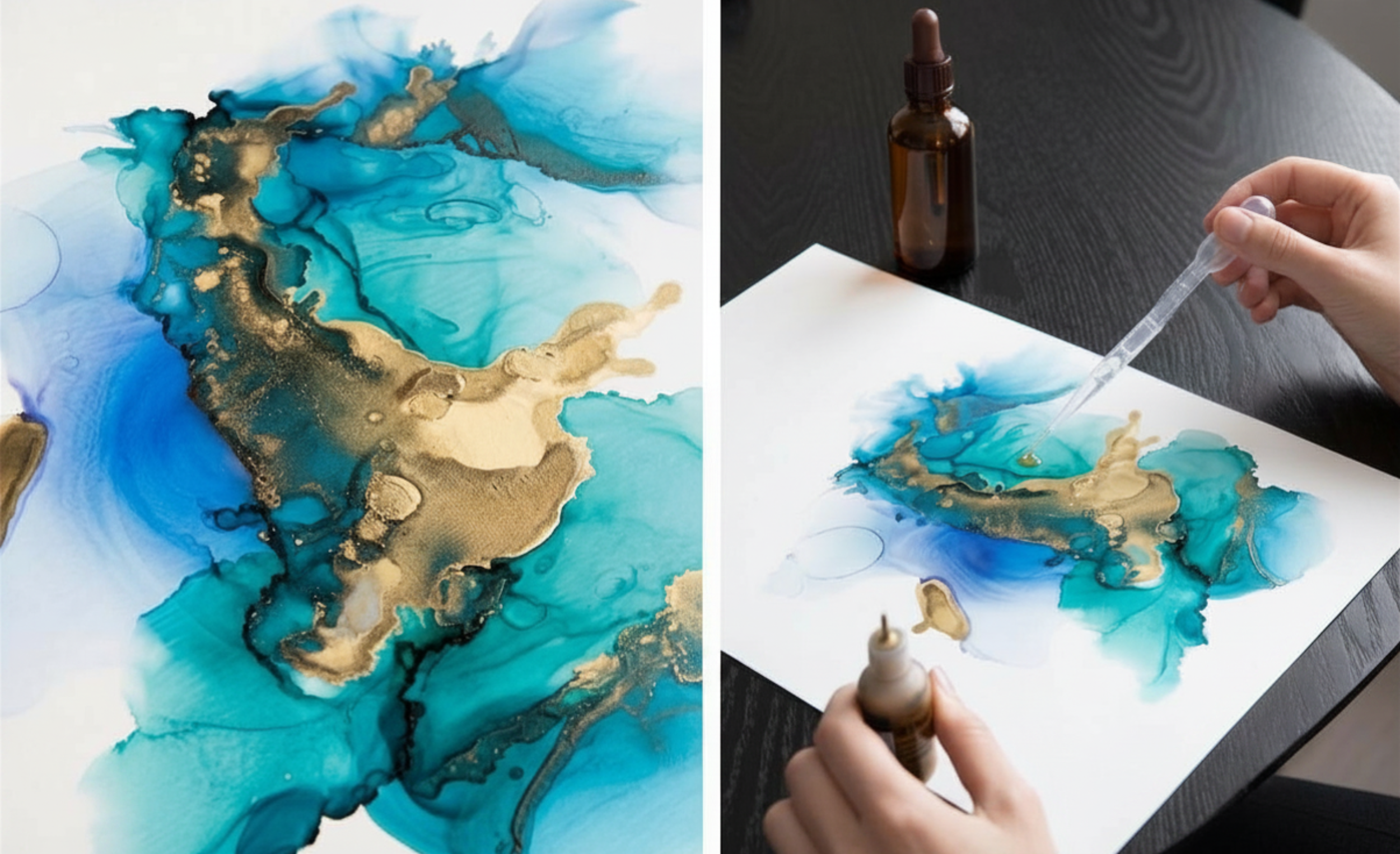 Close-up of an abstract alcohol ink painting with blue, teal, turquoise, and gold colors, and a person using a dropper to add alcohol to the painting.
