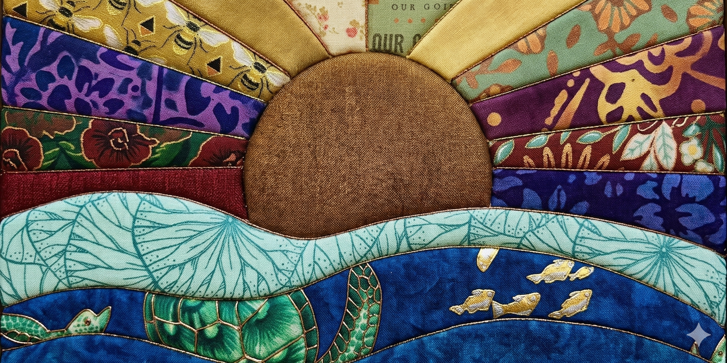 Close-up of a colorful quilted fabric depicting a stylized sunrise or sunset, with sections representing the sky, sun, mountains, and water, featuring various patterns and colors.