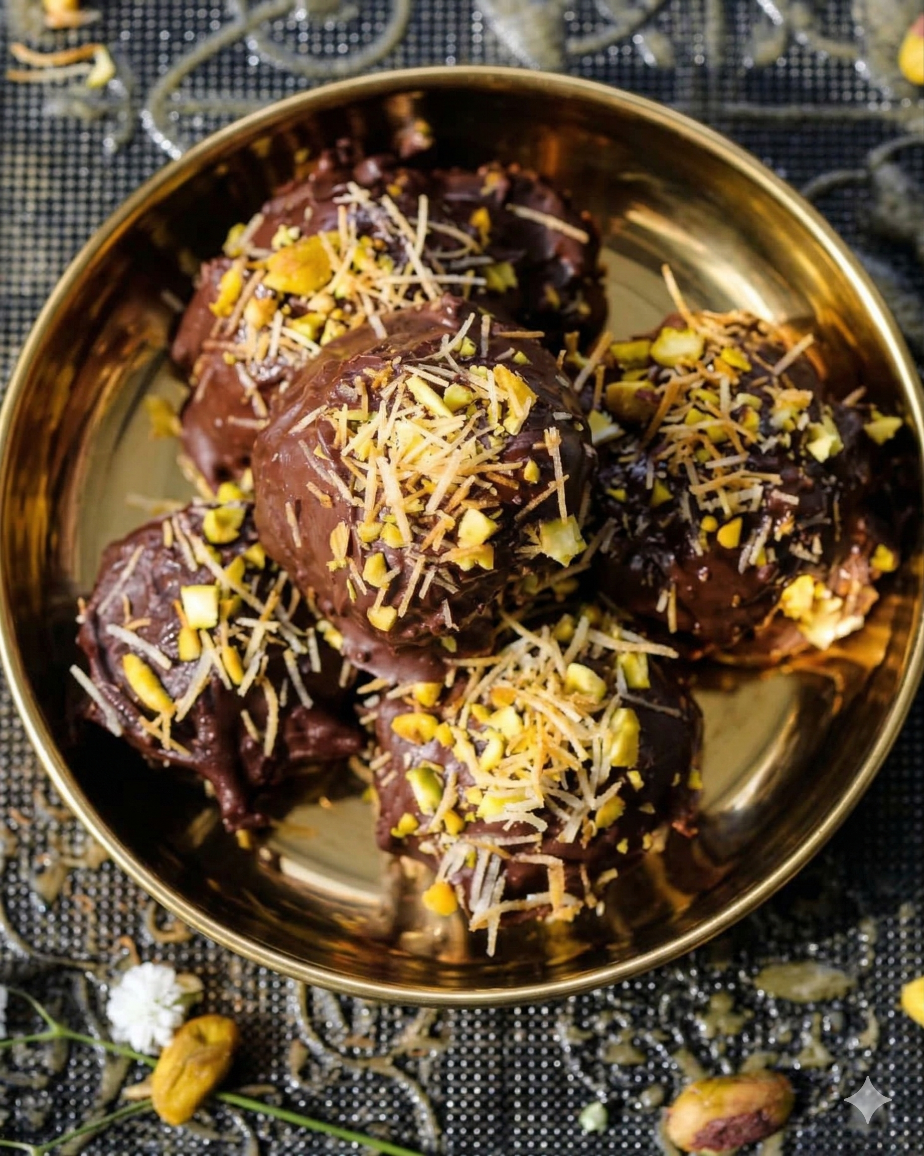 Chocolate-covered desserts topped with shredded cheese and chopped pistachios in a gold bowl.