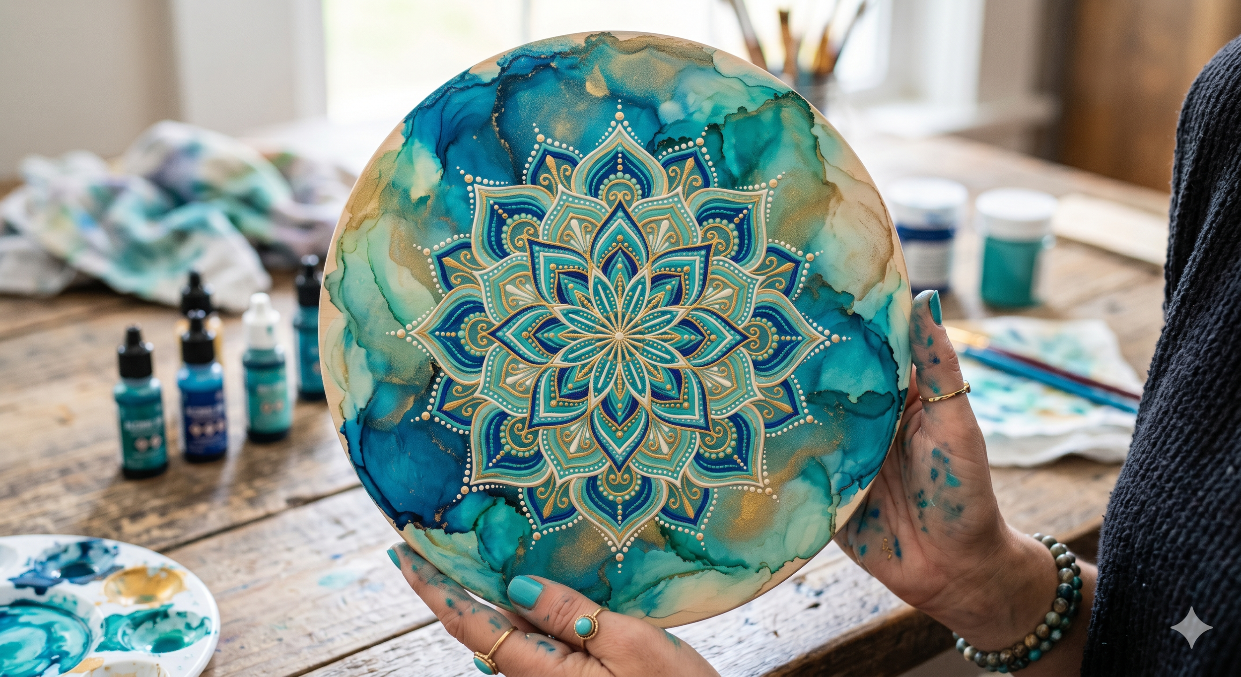 Person holding a round artwork featuring an intricate, symmetrical mandala design in blue, gold, and white on a watercolor background.