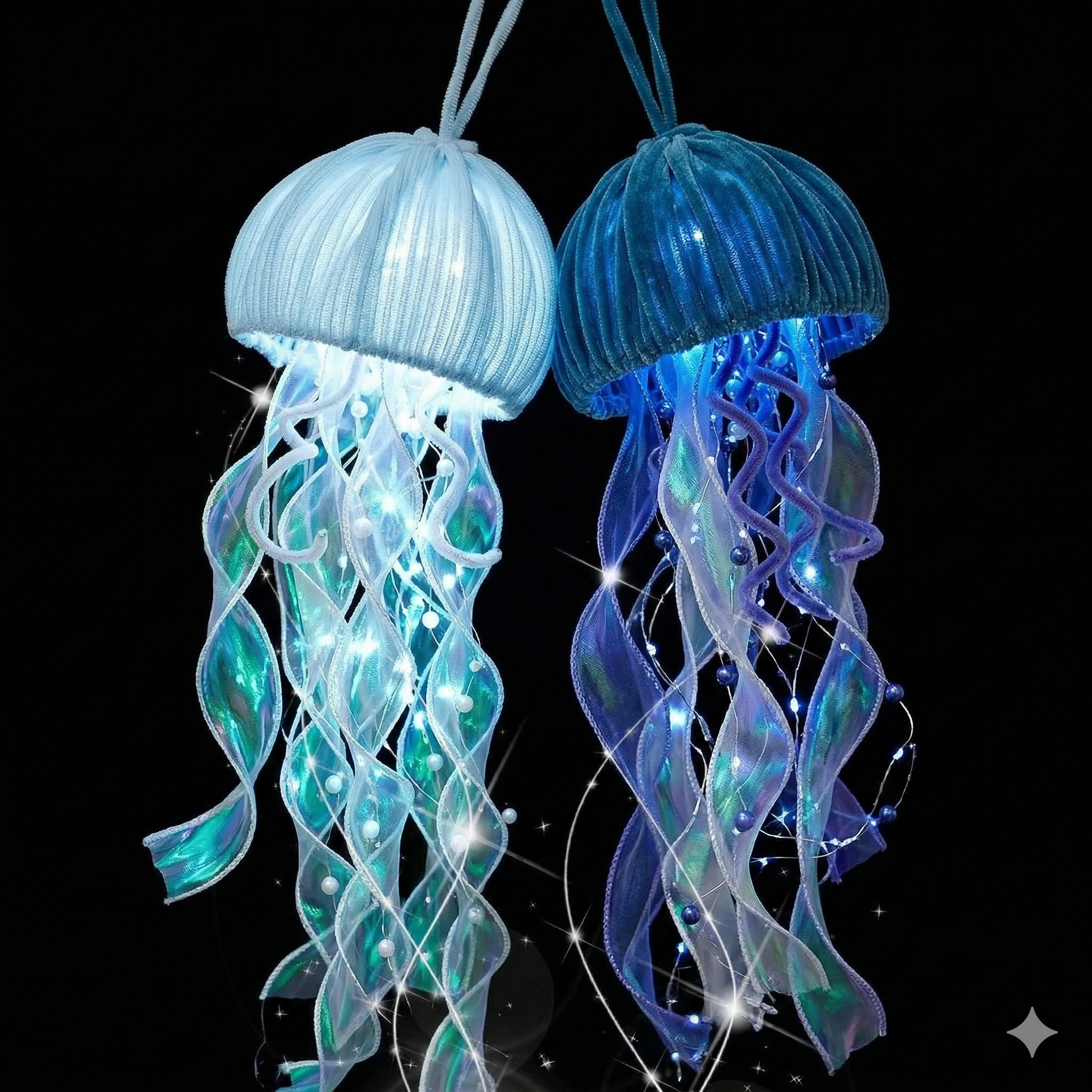 Two illuminated jellyfish decorations with glowing tentacles, one with a white upper dome and the other with a blue upper dome, against a black background.