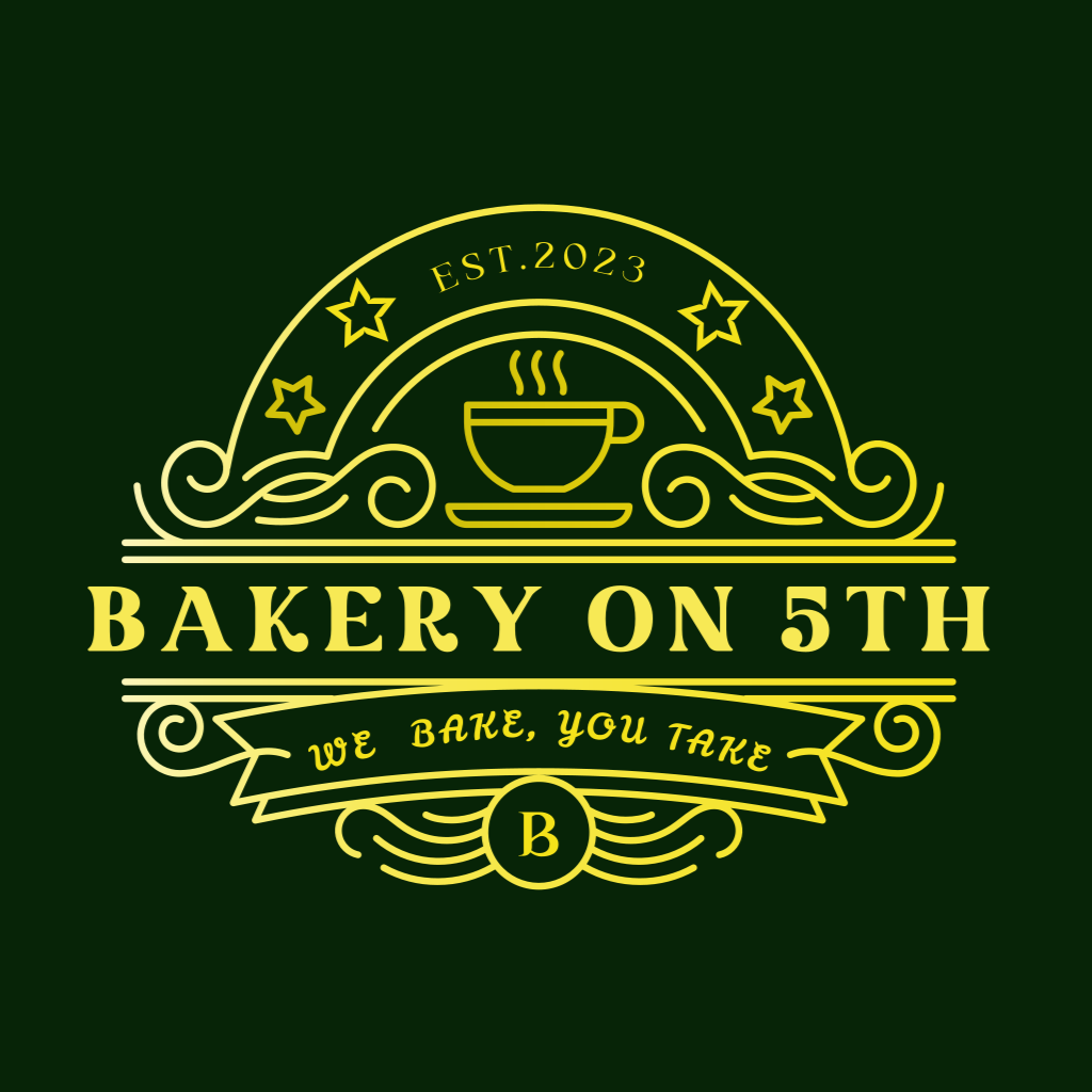 Logo for Bakery on 5th with a steaming coffee cup, stars, and decorative swirls, established in 2023, slogan 'We Bake, You Take'.