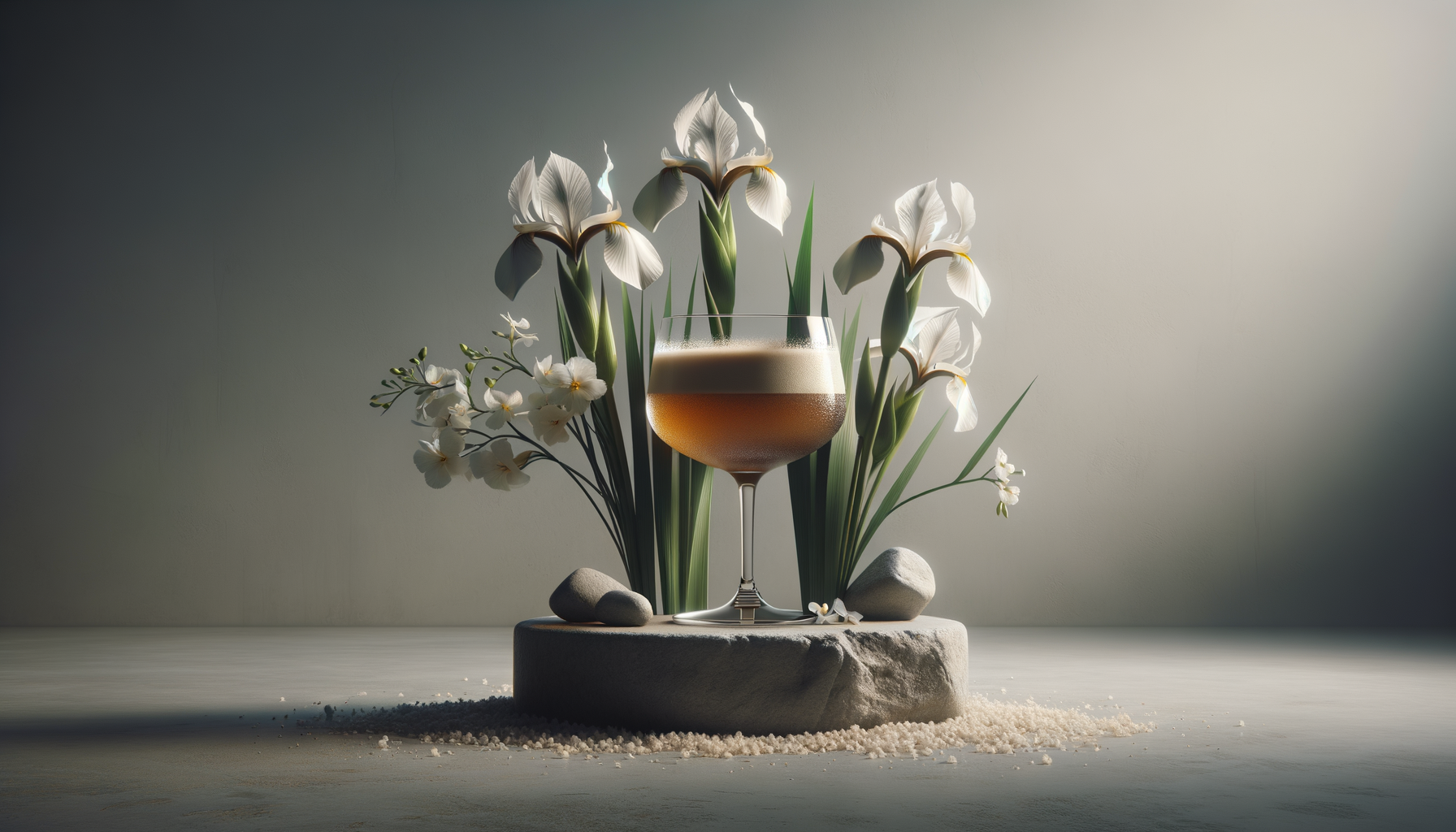 Un bicchiere di cocktail marrone con schiuma, circondato da fiori bianchi e pietre grigie su una base di pietra, con sfondo neutro.