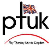 PTUK logo with a British flag on top of the 'p' and the text 'Play Therapy United Kingdom' below in red