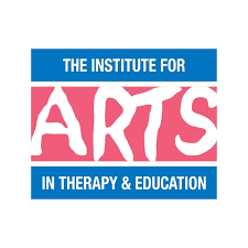 Logo of The Institute for Arts in Therapy & Education with blue, pink, and white colors.