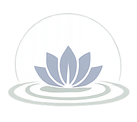 A stylized lotus flower graphic on a circular white background, with water ripples beneath it.
