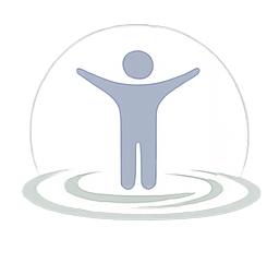 A simplified human figure with arms raised inside a globe or circular shape, symbolizing global or universal human connection.
