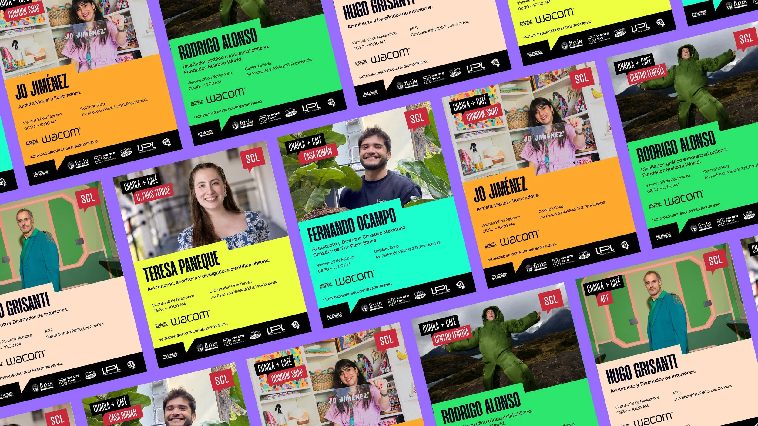 Carteles promocionales de eventos con fotografías de personas, nombres, fechas, horarios, lugares y patrocinadores como Wacom, en diferentes colores y diseños llamativos.