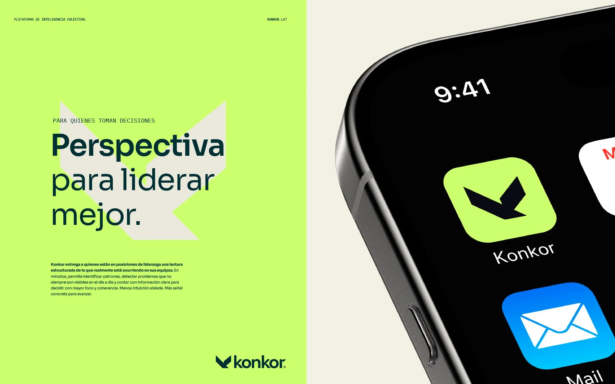 Página de presentación con fondo verde neón y texto en negro y verde que dice "Perspectiva para liderar mejor" con logo de Konkor en la parte inferior. Muestra un reloj smartwatch en la esquina superior derecha con la hora 9:41 y en su pantalla los iconos de las aplicaciones Konkor y Mail.