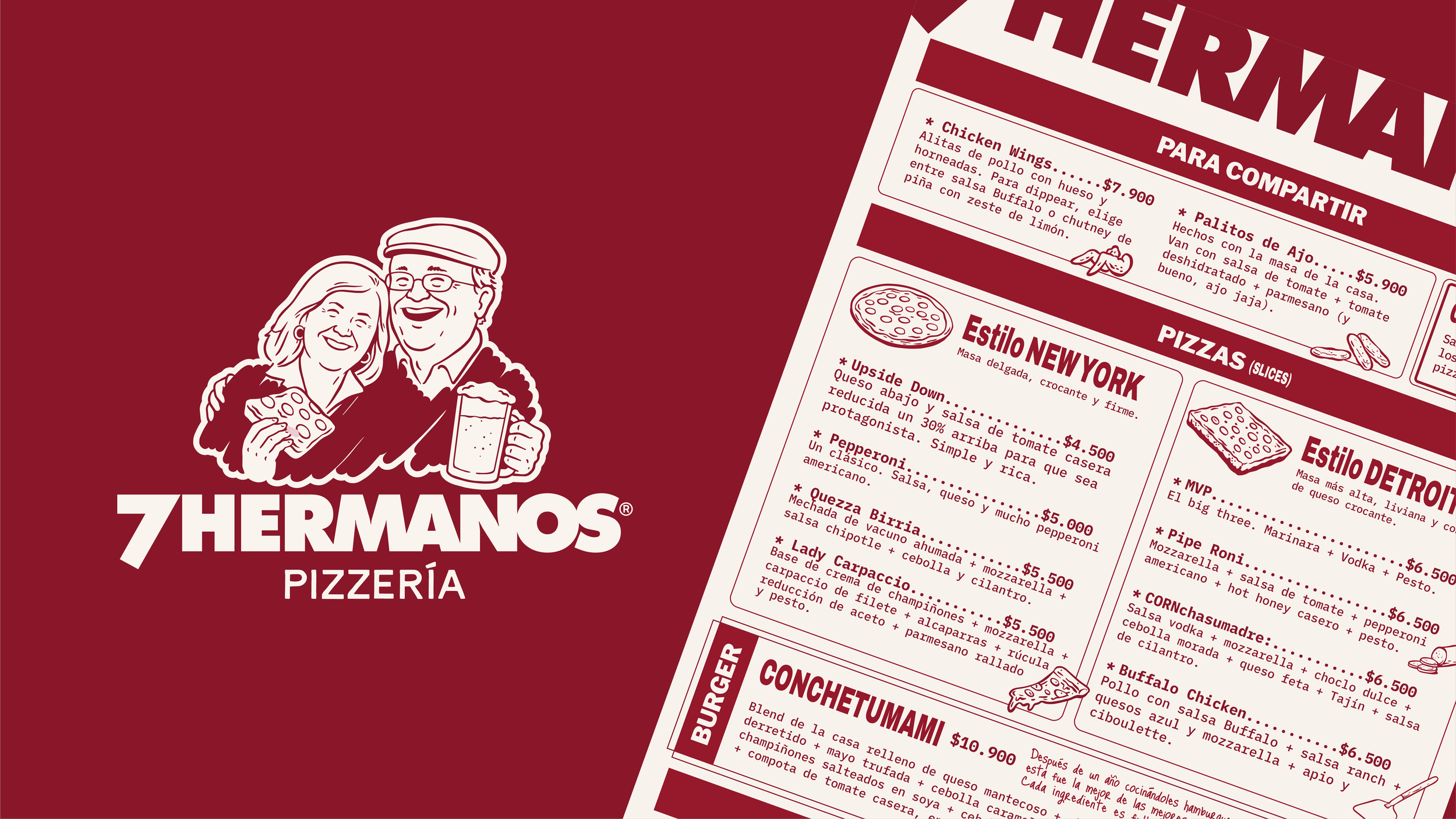 Menú de pizzería con ilustraciones en tonos rojos y blancos, y logo de dos personas sonriendo, una con pizza y otra con cerveza.