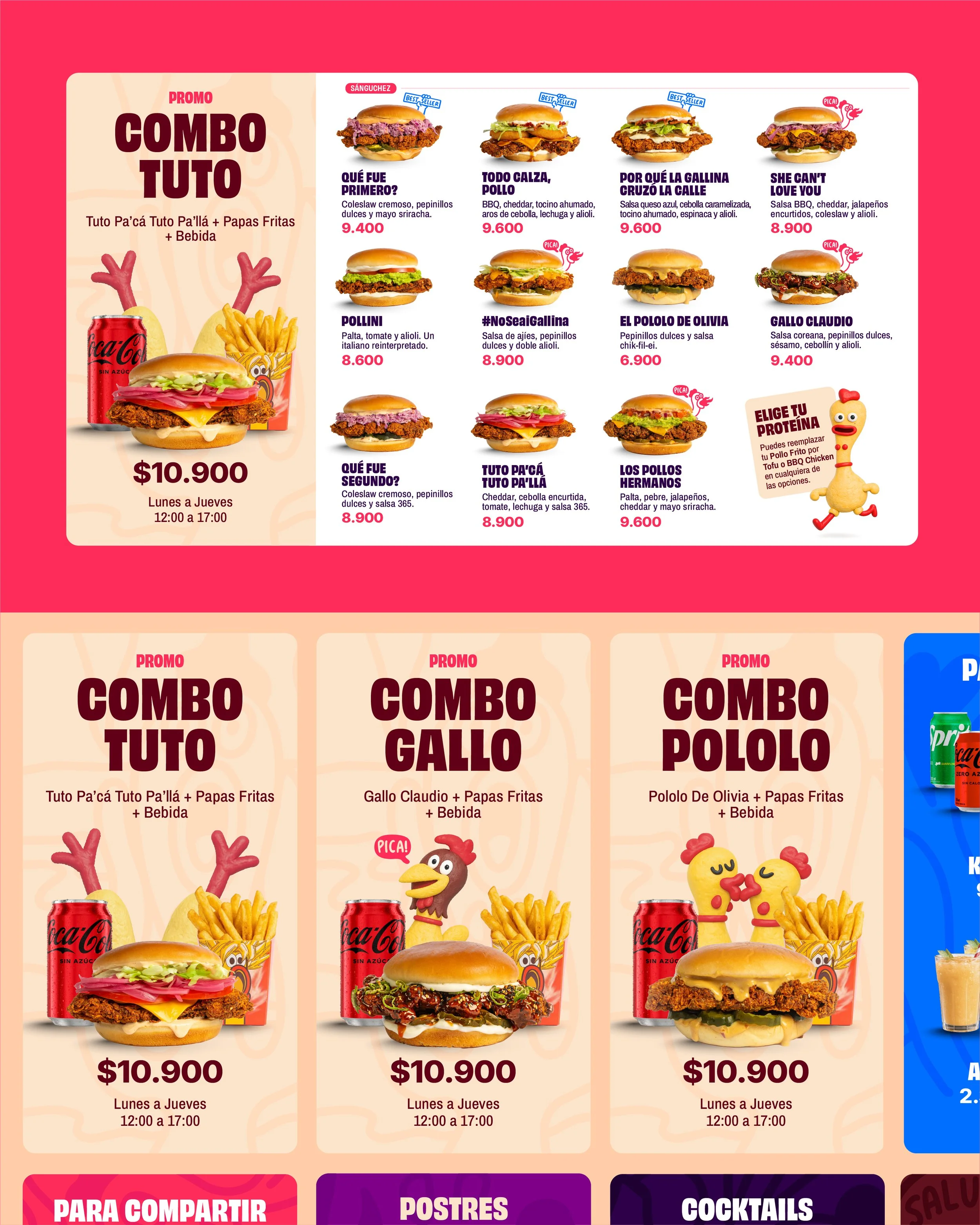 Menú de hamburguesas y bebidas con precios y promociones, incluyendo opciones con pica y sin azúcar, en un fondo rosa con ilustraciones de comida y un personaje de pollo. Especifica diferentes tipos de hamburguesas con ingredientes y los precios, además de una promoción de combo con papas fritas y bebida disponible de lunes a jueves.