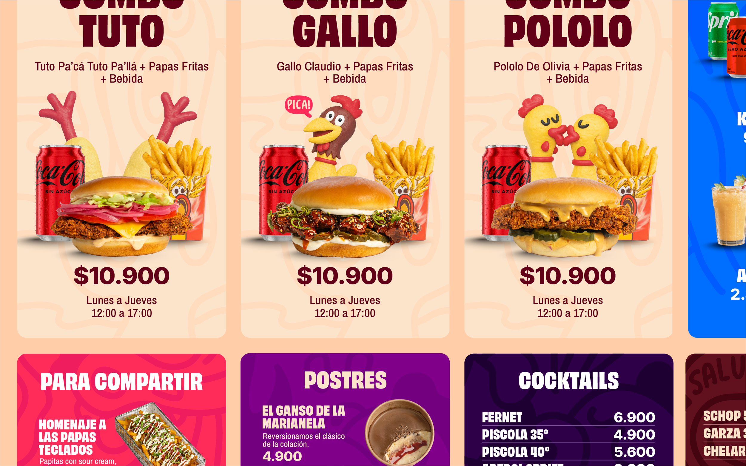 Menú de comida rápida con tres opciones de hamburguesas: uno con pollo, otro con pollo con tocino y el más diferente con pollo en plato. Cada opción incluye papas fritas y bebida, con precios alrededor de 10.900 pesos colombianos. Hay ilustraciones de personajes divertidos hechos con papas y pollo, y bebidas como soda y jugo.