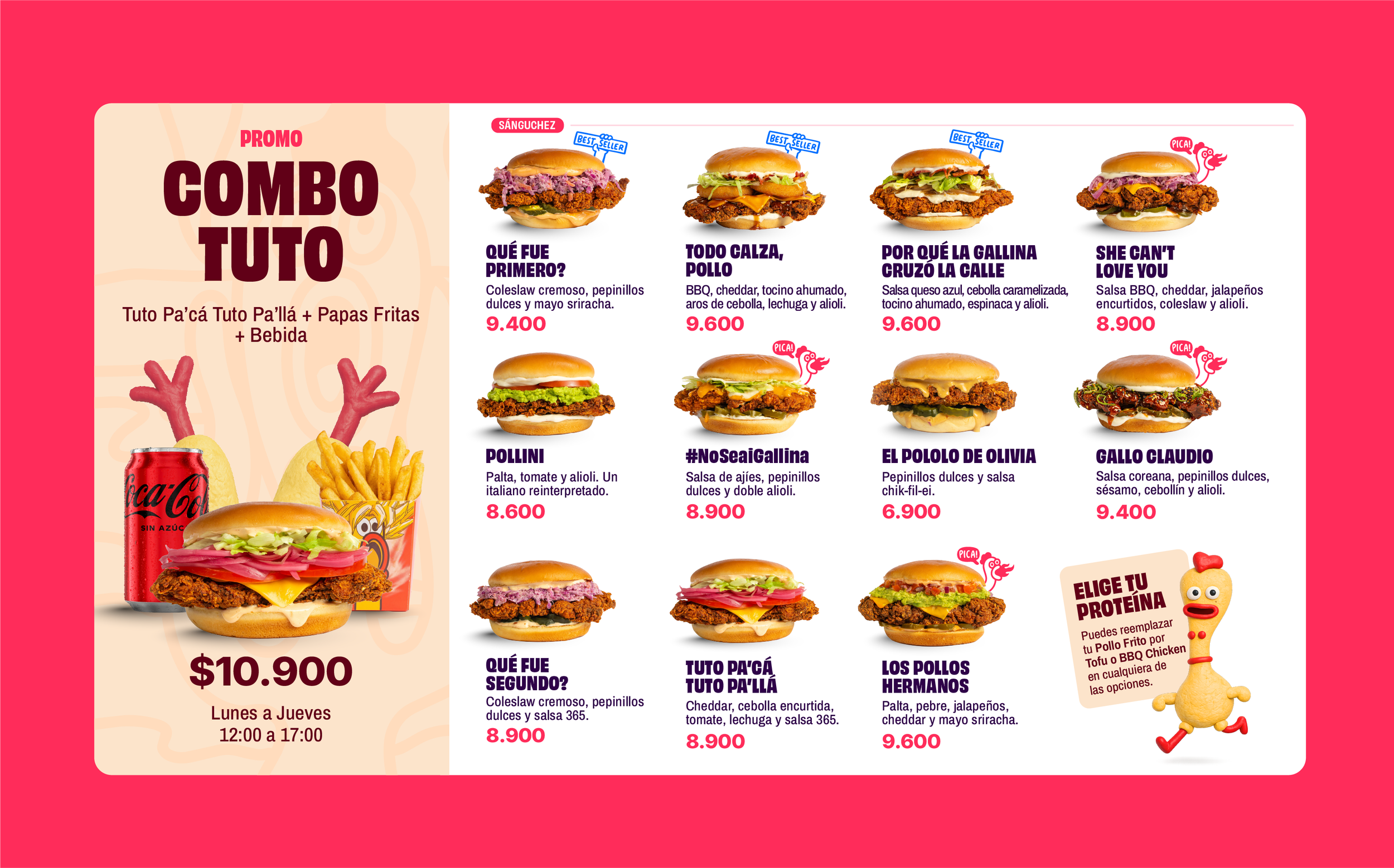 Menú de hamburguesas con precios y descripción de cada opción, acompañado de una lata de Coca-Cola y un paquete de papas fritas en un fondo color rosa y crema.