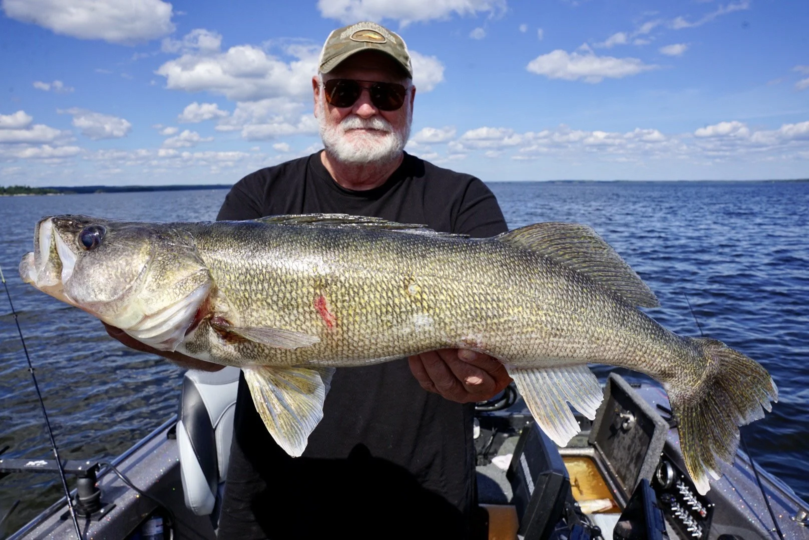 An older man with a white beard wearing a cap and sunglasses holding a large fish on a boat in a body of water during daytime.