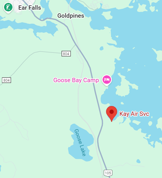 Map showing Goose Bay Camp and Kay Air Service near Goose Lake in Minnesota.