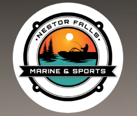 Logo for Nestor Falls Marine & Sports featuring a sunset over water, trees, and a person fishing.