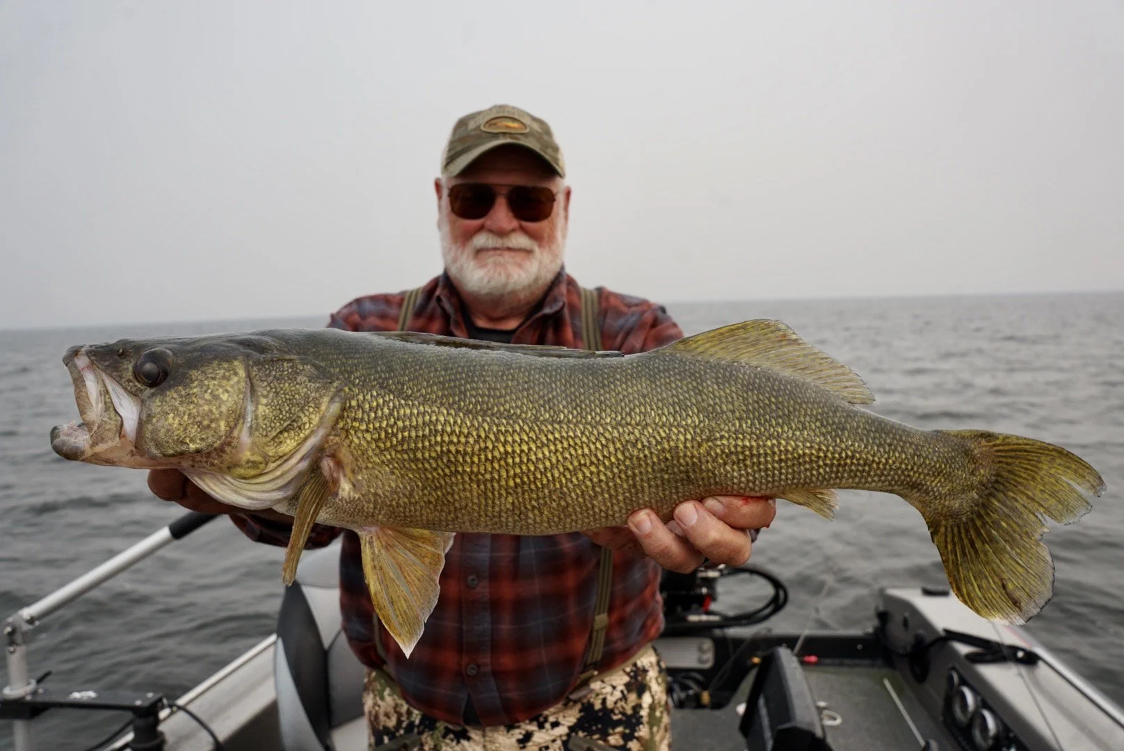 Older man with white beard, sunglasses, and camouflage hat holding large fish on boat in open water.