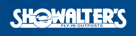 Showalter's Fly-In Outposts logo featuring bold white text on a blue background with a stylized fly illustration.