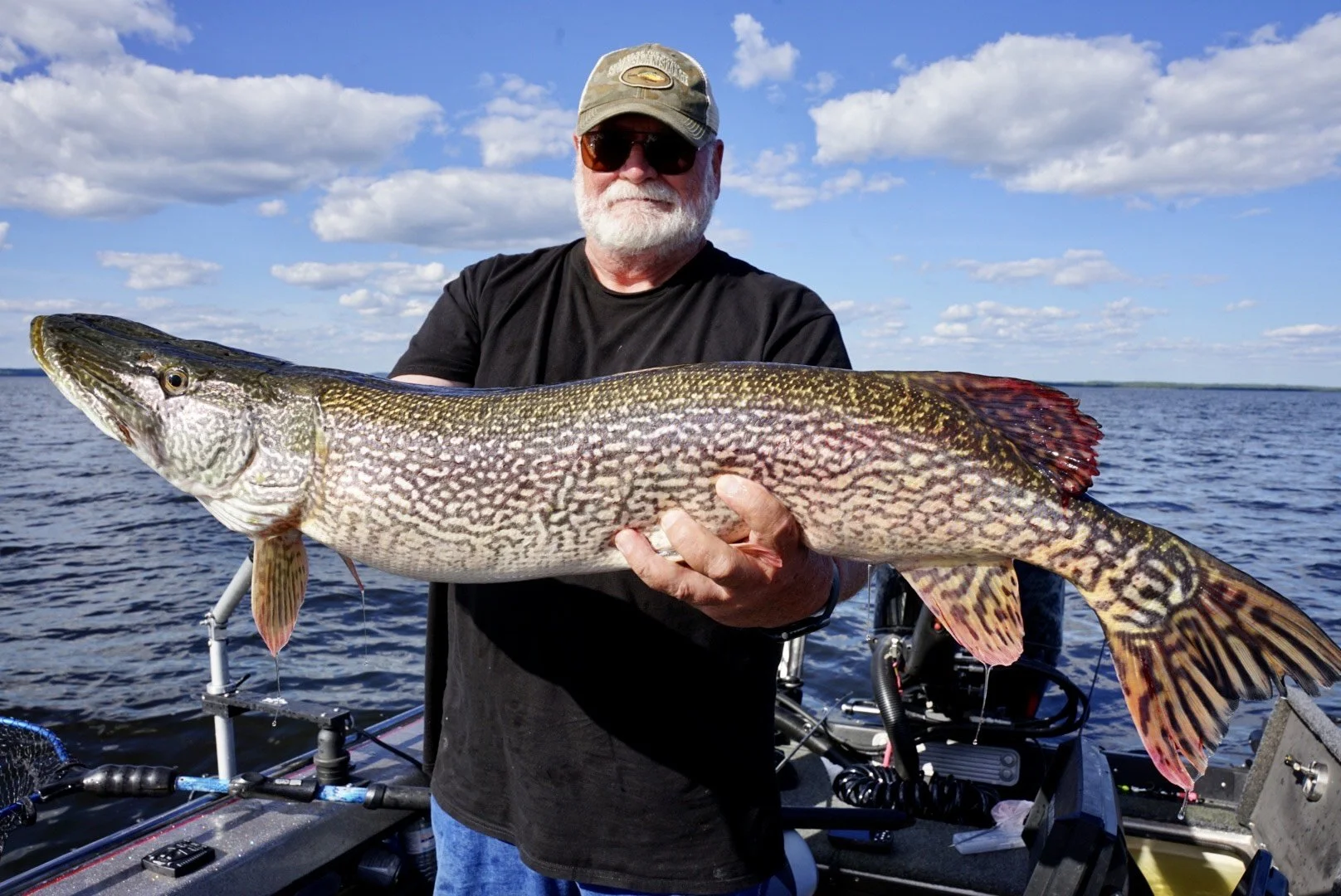 Man with a beard and sunglasses holding a large fish on a boat in a body of water under a partly cloudy sky.