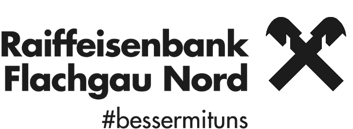 Logo der Raiffeisenbank Flachgau Nord mit zwei Äxten und dem Hashtag #bessermituns.